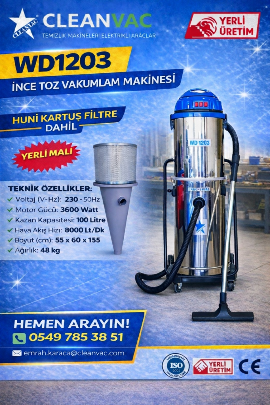 WD1203 Sanayi Tipi İnce Toz Vakum Makinesi