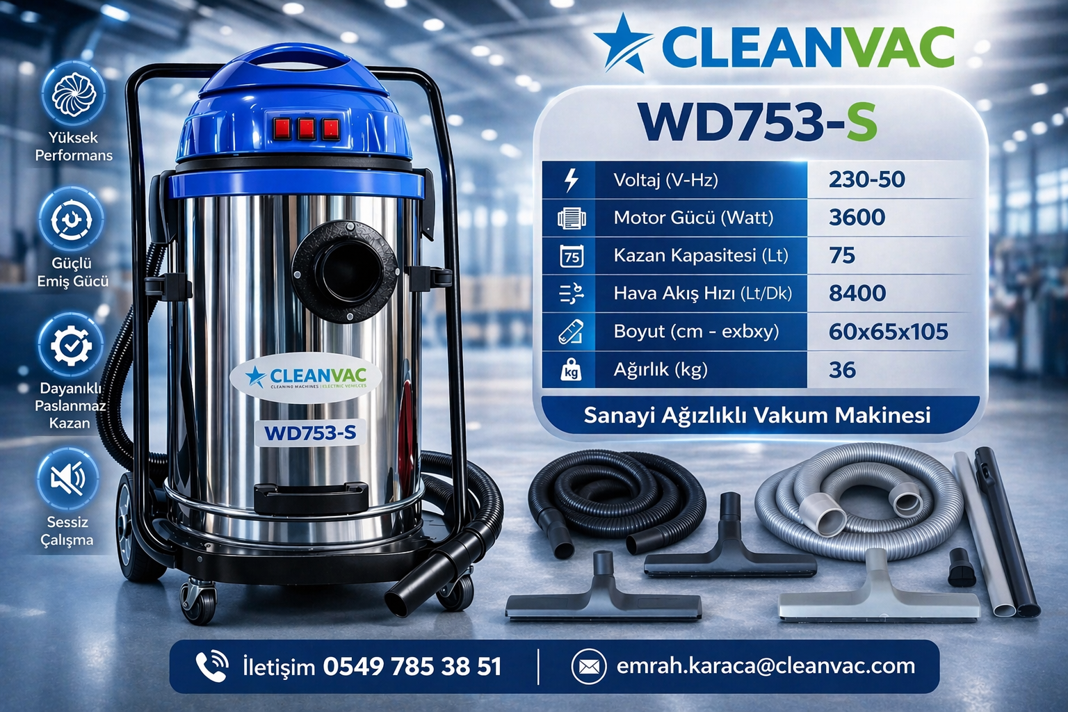 CLEANVAC WD 753-S SANAYİ TİPİ ELEKTRİK SÜPÜRGESİ